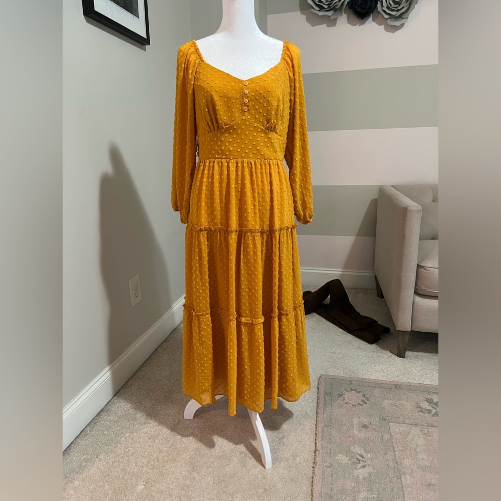 Tiered long-sleeve midi dress in swiss dot